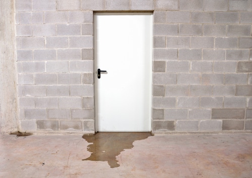 Water coming from behind a door to a flooded basement.
