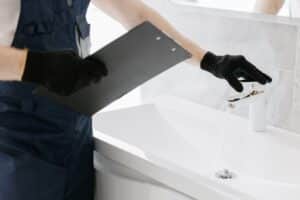 plumber inspects a faucet