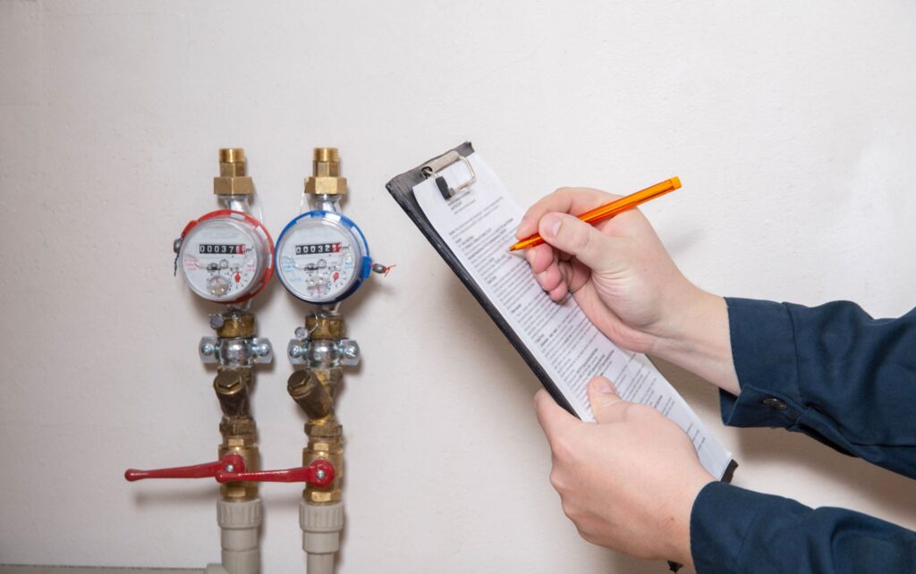 plumber looks at the hot and cold water valves