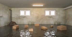flooded basement of the house with wet Cardboard boxes in the water